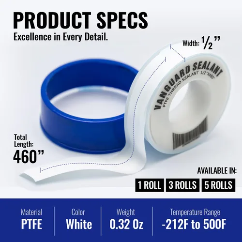 Miniatura 3 de Cinta de fontanero de PTFE Vanguard Sealants; 460 pulgadas de largo y 1/2 pulgadas de ancho; blanca; sellador de tuercas perfecto para regaderas