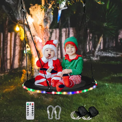 Miniatura 2 de Columpio de árbol de 40 pulgadas con luz LED para niños, columpio de platillo volador de 900 libras, con correas ajustables para colgar