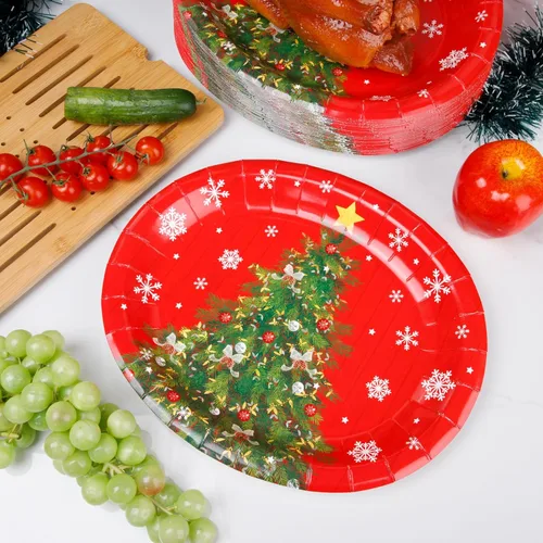 Miniatura 4 de WDF Paquete de 50 platos de papel de Navidad – Platos de papel ovalados de 10 x 12 pulgadas para suministros de fiesta, árboles de Navidad, plato
