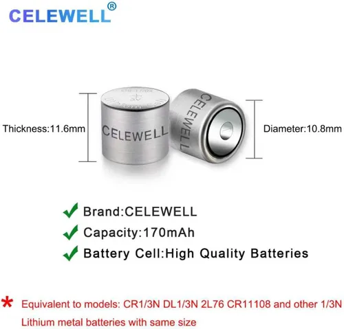 Miniatura 2 de CELEWELL Paquete de 6 pilas DL1/3N CR1/3N de litio 3V 170mAh【Garantía de 7 años】 CR1/3N-6-1