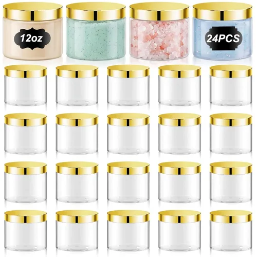 Miniatura 46 de Dandat 24 piezas 8 oz botes de plástico con tapa y etiqueta. Recipientes de muestra de cosméticos redondos ámbar PET recargables y vacíos para Ámbar