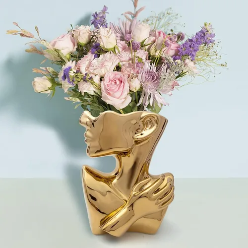 Miniatura 7 de GDYOOSHOW Jarrones faciales para flores, maceta de busto, jarrón de cerámica para exhibir joyas, color dorado, 9.84 pulgadas de alto, adecuado