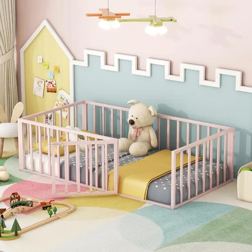 Miniatura 13 de Harper & Bright Designs Cama de suelo Queen con rieles de valla y puerta, cama de piso de metal Queen para niñas y niños, cama de suelo Montessori