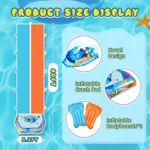 Miniatura 2 de Toboganes de agua dobles de 40 pies para niños y adultos, toboganes de agua extralargos con 2 bodyboards, resistentes, juguetes inflables gigantes