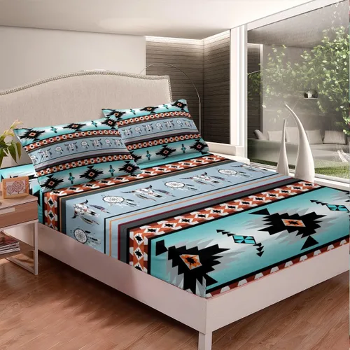 Miniatura 2 de Juego de ropa de cama de estilo bohemio occidental, tamaño individual, diseño de vaca atrapasueños, sábana bajera ajustable del suroeste, tribu