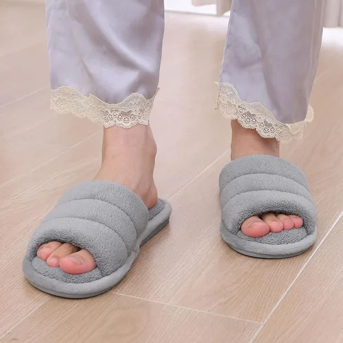 Miniatura 2 de shevalues Pantuflas de tela de rizo con punta abierta para mujer, pantuflas de espuma viscoelástica