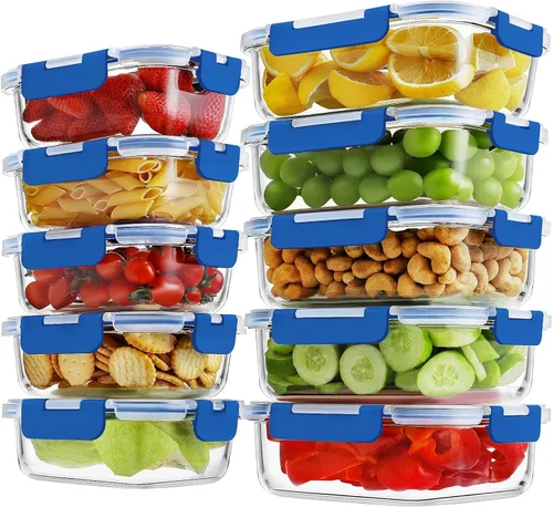 Miniatura 12 de HOMBERKING - Juego de 10 recipientes de vidrio borosilicato para preparación de comidas con tapas de cierre, juego de recipientes de vidrio