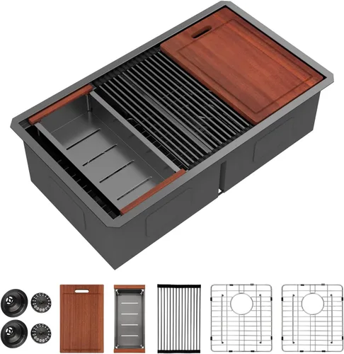Miniatura 15 de Sarlai 28 Fregadero de cocina bajo encimera de doble tazón - Fregadero bajo encimera de acero inoxidable de 28x19 pulgadas de calibre 16, con repisa