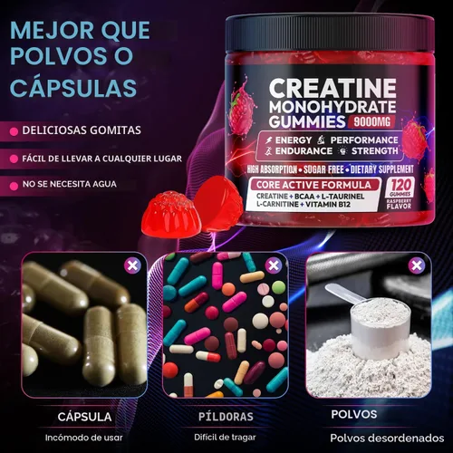 Miniatura 4 de AEQNJV Gomitas de creatina monohidrato complejo 9000 mg, pre-entrenamiento para hombres y mujeres, gomita de creatina con L-taurina, BCAA 2:1, B12/6