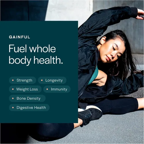 Miniatura 9 de Polvo de proteína de suero de colágeno Gainful, 21g de proteína por porción, sin sabor, apoya la recuperación muscular, la salud