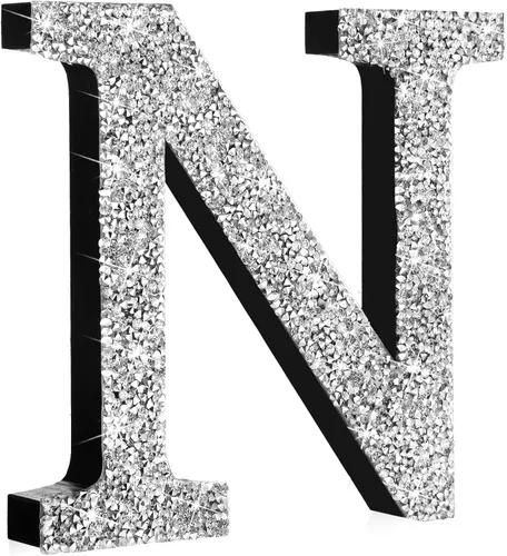 Miniatura 53 de Qunclay Letras brillantes de cristal plateado de 5.7 pulgadas, decoración de diamantes triturados, letra de madera con purpurina con tornillo