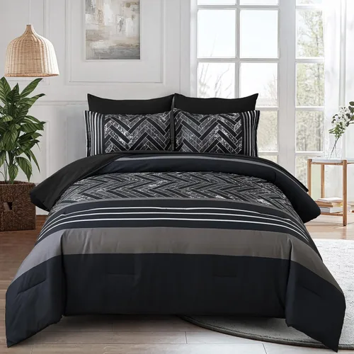 Miniatura 25 de Luxudecor Juego de Edredón Negro Tamaño King, 7 Piezas Cama en una Bolsa de Rayas Geométricas, Juego de Edredón Geométrico y Sábanas, Juego Completo