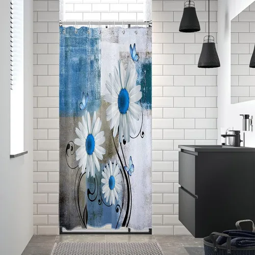Miniatura 5 de Cortina de ducha floral con margaritas azules, flores blancas y mariposas en tela moderna abstracta geométrica gris para baño, 10 ganchos, 48 x 72