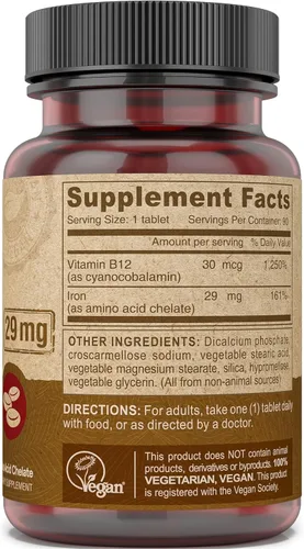 Miniatura 3 de Deva Nutrition Hierro quelado vegano 29 mg fortificado con B-12 - Alta potencia, fácil de tragar - 90 tabletas, paquete de 2