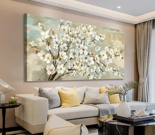arteWOODS Arte de Pared en Lienzo de Flores - Cuadros de Ramas de Flores Beige Decoración de Pared Pintura Botánica Rústica Marrón Obra de Arte