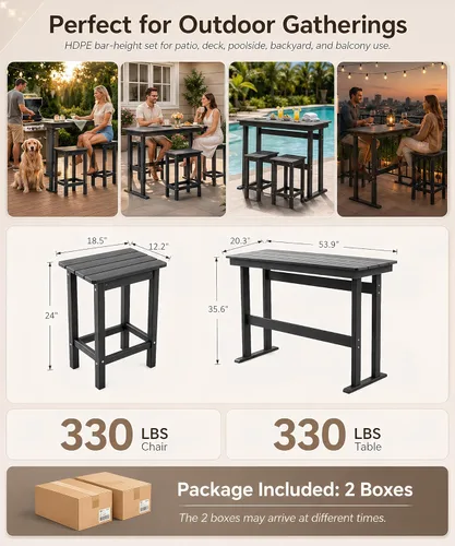 Miniatura 6 de Juego de 2 mesas y sillas de altura de barra de HDPE para exteriores, incluye mesa y sillas de patio superior, juego de bar de patio exterior