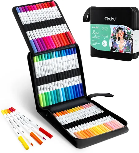 Ohuhu Marcadores amigables con el papel, sin pelado, a base de agua, 60 colores, marcadores de doble punta de pincel y punta delineadora para libros
