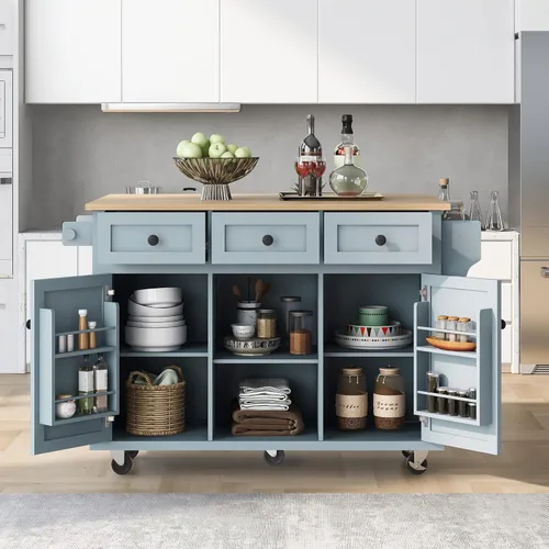 Miniatura 12 de YOPTO Isla de cocina con toma de corriente, hojas caídas y madera de goma, almacenamiento abierto y estante para vino, carrito de almacenamiento