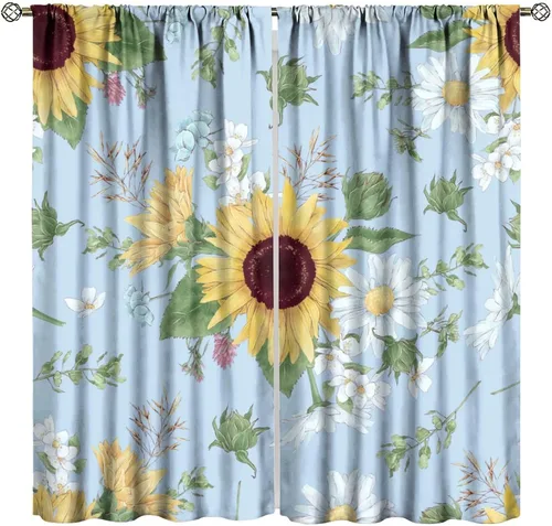 Miniatura 20 de Cortinas opacas de girasol, diseño natural, de granja, floral, con bolsillo para barra, para ventana, para dormitorio, sala de estar, 42 x 45