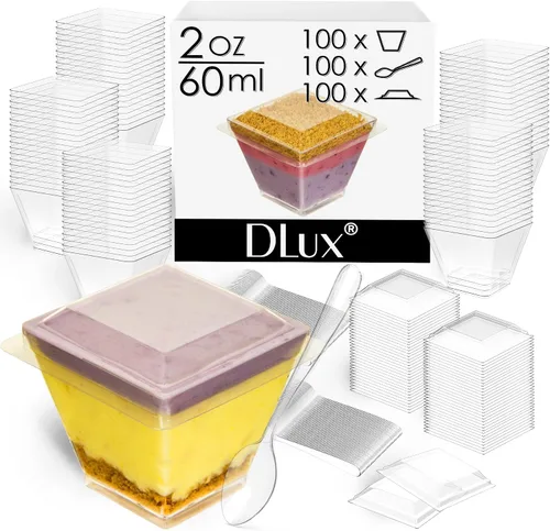 Miniatura 2 de DLux 100 x 2oz Tazas Cuadradas Mini de Postre con Cucharas y Tapas, Taza de Plástico Transparente para Aperitivos Parfait - Pequeño Cuenco