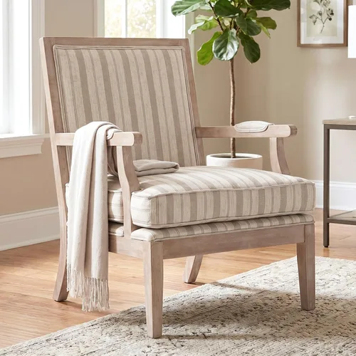 Silla moderna de estilo rústico a rayas, sillón tapizado ancho con reposabrazos, silla de lectura de madera maciza de campo francés costero para
