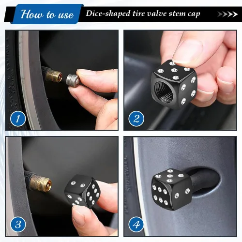 Miniatura 6 de 4 tapas de vástago de válvula de neumático estilo dado, tapas de neumáticos de automóvil, cubiertas de válvula de rueda de aleación de aluminio