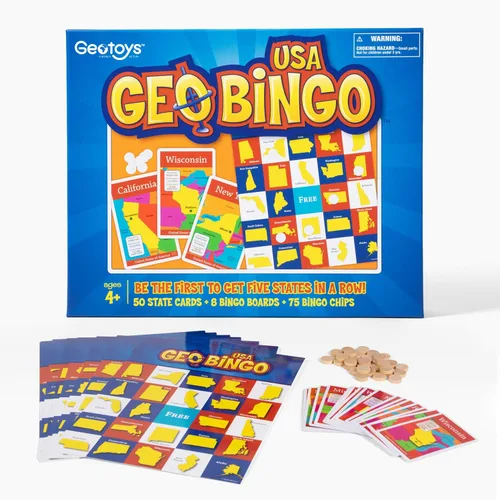 Miniatura 7 de GeoToys GeoBingo Set, World & USA Bingo para niños de 4 años en adelante, juego de geografía para el hogar y la escuela, divertido juego educativo