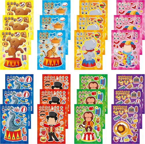 Miniatura 33 de 24 hojas de calcomanías de abeja para hacer una cara, lindos juegos de fiesta de animales, calcomanías para mezclar y combinar, haz tus propias vaca
