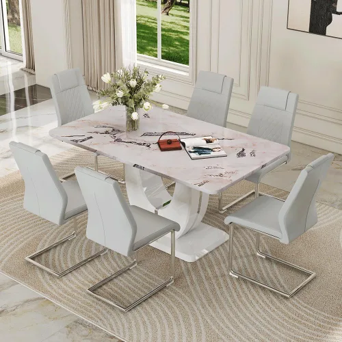 Miniatura 9 de Juego de 6 sillas de mesa de comedor para 6, juego de 6, moderno juego de comedor con mesa de comedor de mármol de 63 pulgadas, sillas tapizadas