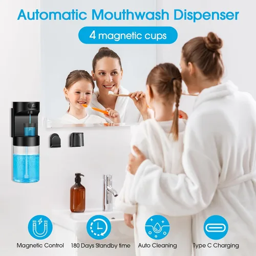 Miniatura 2 de Dispensador automático de enjuague bucal para baño, dispensador de enjuague bucal eléctrico sin contacto de 20.29 onzas, juego de accesorios de baño