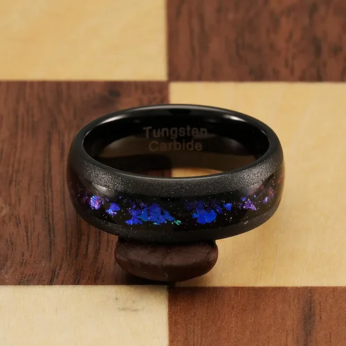 Miniatura 4 de 100S JEWELRY Anillos de tungsteno para hombre, incrustaciones de galaxia de ópalo nebulosa de Orión, acabado cristalino arenado negro, ideal