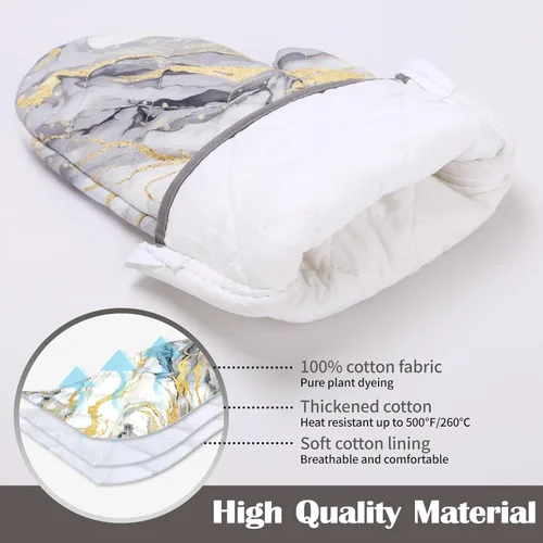 Miniatura 4 de Juego de 4 manoplas de horno y soportes para ollas de mármol de oro blanco, 100% algodón, resistentes al calor, guantes de horno extralargos