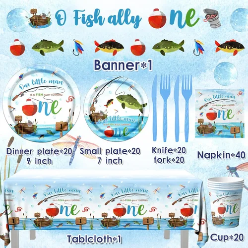 Miniatura 6 de Decoraciones de Cumpleaños Ofishally One, Suministros de Fiesta de Primer Cumpleaños Gone Fishing 142Pcs Nuestro Pequeño Hombre Está Ofishally