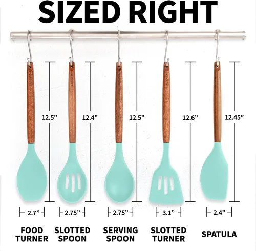 Miniatura 8 de Zulay Kitchen Juego de utensilios de cocina antiadherentes con auténticas asas de madera de acacia, juego de utensilios de cocina de silicona Sky
