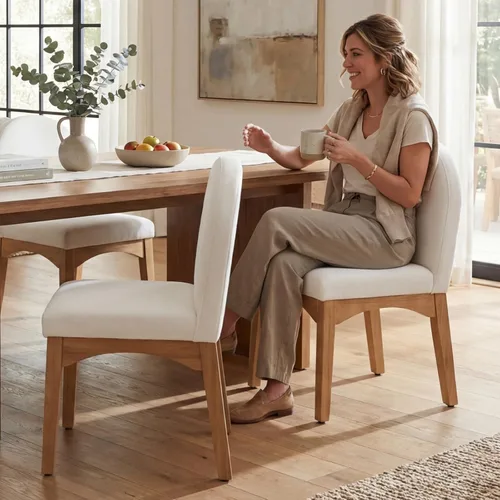 HNY Juego de 2 sillas de comedor modernas de mediados de siglo, sillas de comedor tapizadas de tela de lino, sillas de cocina sin brazos con patas