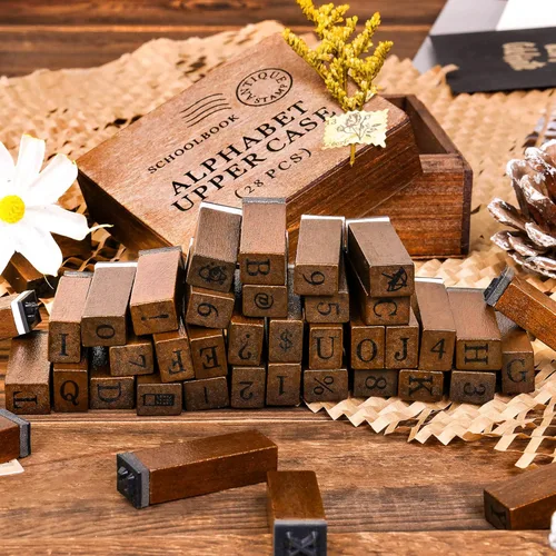 Miniatura 4 de Sellos de letras, 56 sellos del alfabeto con semanas y clima, sellos de números con estuche de madera, sellos de madera con símbolos vintage
