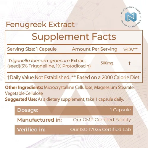 Miniatura 2 de Nootropics Depot Cápsulas de extracto de fenogreco 500 mg 60 ct 3% de trigonelina, 1% de protodioscina Trigonella foenum-graecum Estado