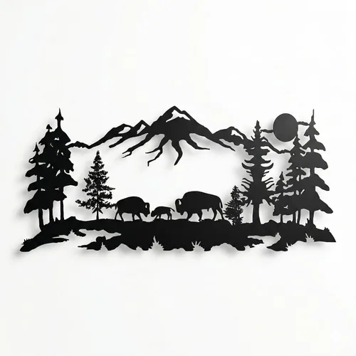 DEKADRON Arte de pared de metal, decoración familiar de bisonte de metal, arte de pared natural, decoración de bisonte, montaña y árbol, decoración