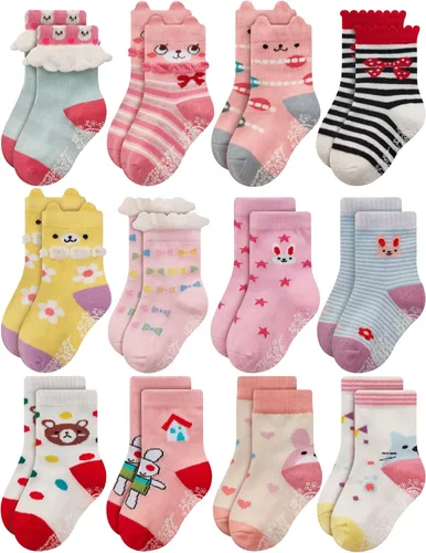 RATIVE Non Skid Anti Slip Cotton Dress Crew Socks With Grips For Baby Infant Toddler Kids Girls
