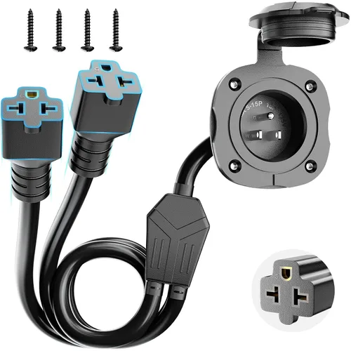 Miniatura 8 de BEBOBLY Enchufe de puerto de CA de 15 amperios, enchufe de entrada de alimentación de 125 V con cubierta impermeable y cable de extensión dual