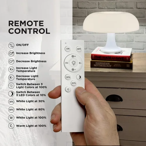 Miniatura 3 de Lámpara de mesa con forma de hongo blanco, lámpara de mesa retro regulable, 3 temperaturas de luz, control remoto, lámpara LED de los años 70