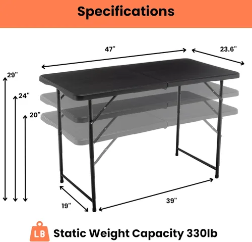 Miniatura 3 de BTEXPERT Juego de 2, mesa plegable de utilidad de 4 pies, ligera, altura ajustable, portátil, con asa de transporte, para interiores y exteriores