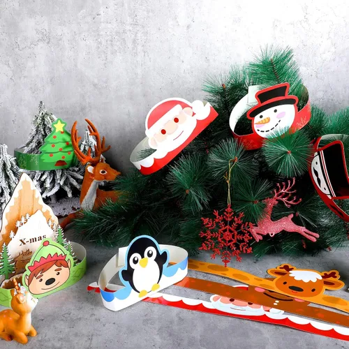 Miniatura 2 de Skylety 40 sombreros de fiesta de papel de Navidad para niños, ajustable, corona de papel, diadema, Papá Noel, elfo, reno, muñecos de nieve, hombre