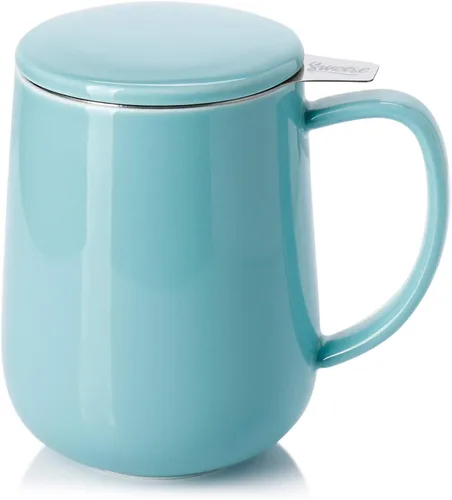 Miniatura 13 de Sweese Taza de té de porcelana de 20 onzas con infusor y tapa, taza de té grande para té suelto, apta para microondas y lavavajillas, aislada, Azul