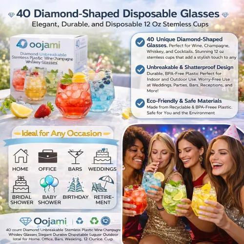 Miniatura 2 de Oojami 40 vasos de diamante de 12 onzas irrompibles de plástico sin tallo, para vino, champán, whisky, elegantes, duraderos, desechables