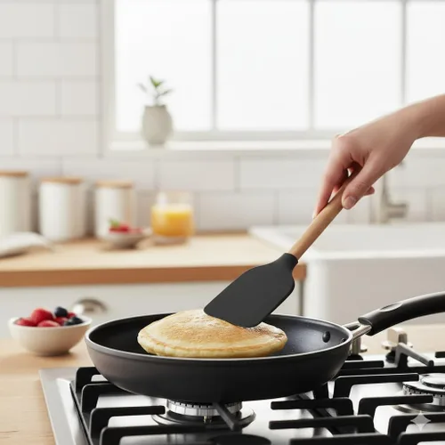 Miniatura 9 de Juego de utensilios de cocina de silicona, sin BPA, no tóxico, antiadherente, resistente al calor hasta 446 °F, asas de madera antiarañazos + Negro