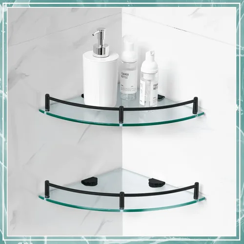 Miniatura 4 de Crowye 2 Piezas Estante Esquinero de Ducha de 2 Niveles Estante Esquinero de Vidrio Acero Inoxidable Montado en la Pared Organizador de Baño