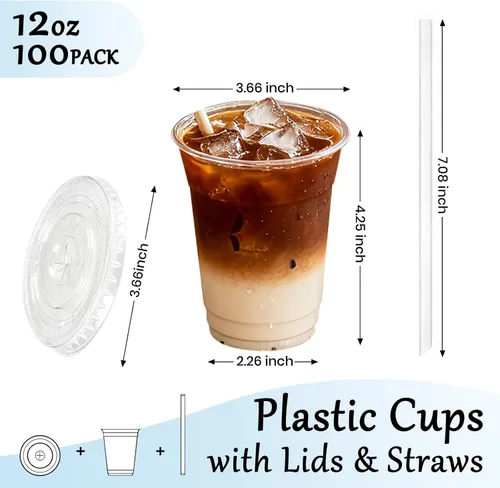 Miniatura 2 de Paquete de 100 vasos de plástico transparente de 12 onzas con tapas y pajitas, [a prueba de fugas y ajuste perfecto] tazas de café helado