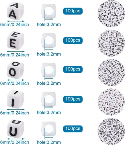 Miniatura 6 de FASHEWELRY 500 cuentas de letras acrílicas en forma de cubo vocal de 0.236 x 0.236 pulgadas, cuentas blancas del alfabeto con iniciales A/E/I/O/U