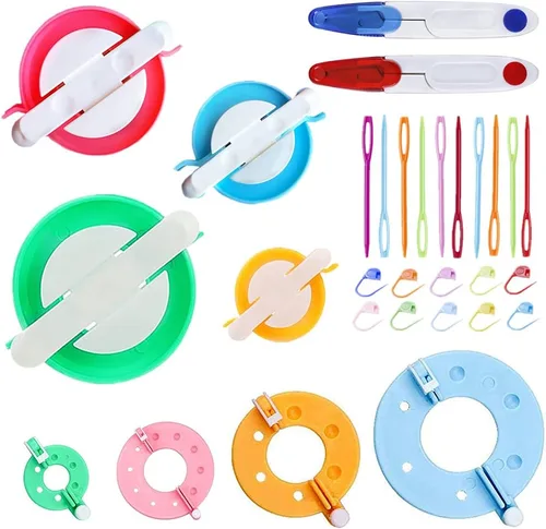 Miniatura 6 de Knewmart Máquina para hacer pompones, 4 tamaños para tejer bolas de pelusa, agujas para tejer manualidades, manualidades, juego de herramientas
